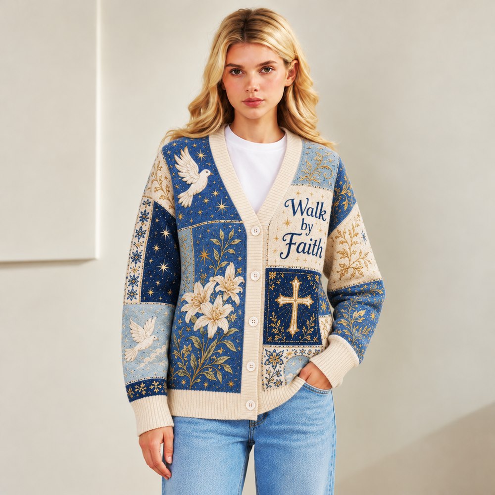 Walk by Faith Christian cardigan blue cream patchwork cross dove lily - view 4