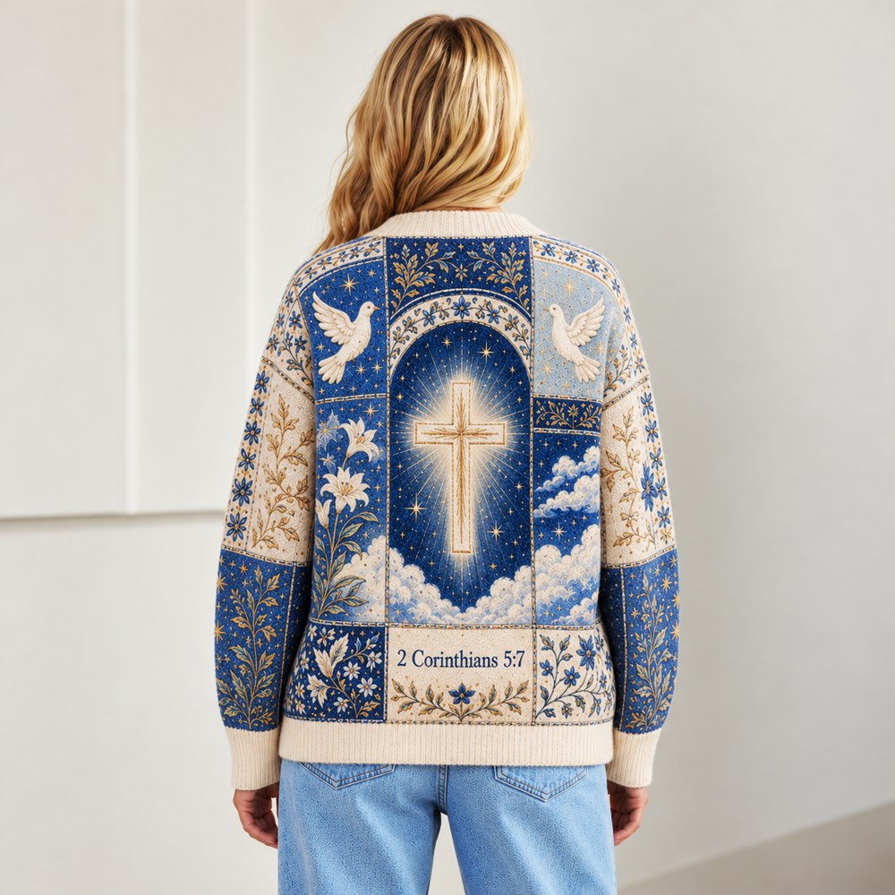 Walk by Faith Christian cardigan blue cream patchwork cross dove lily - view 5