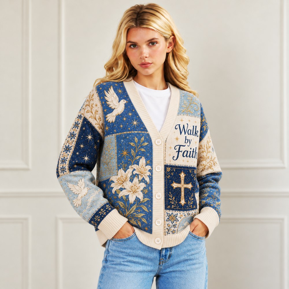 Walk by Faith Christian cardigan blue cream patchwork cross dove lily - view 6
