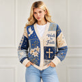 Walk by Faith Cardigan - Christian Sweater for Women, Cross Dove and Lily Patchwork Knit, Faith Gift