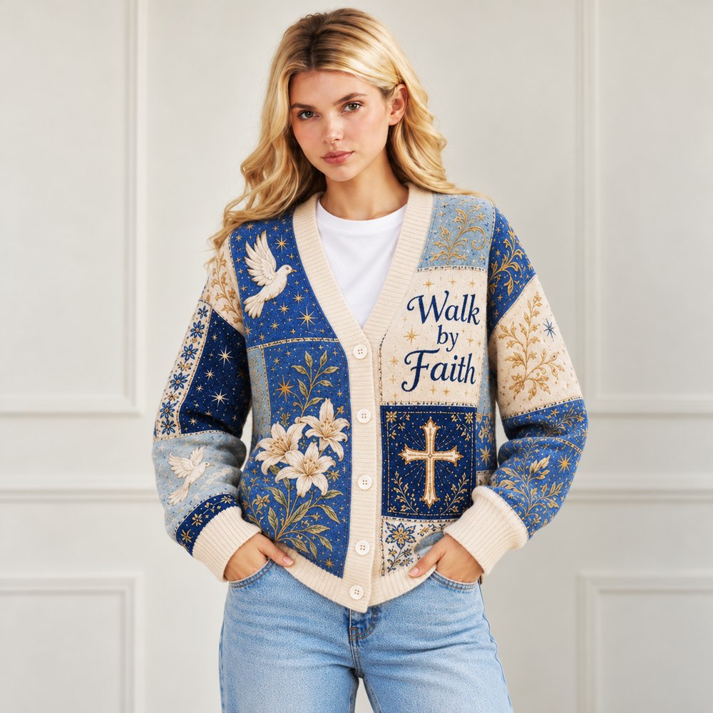 Walk by Faith Christian cardigan blue cream patchwork cross dove lily - view 7