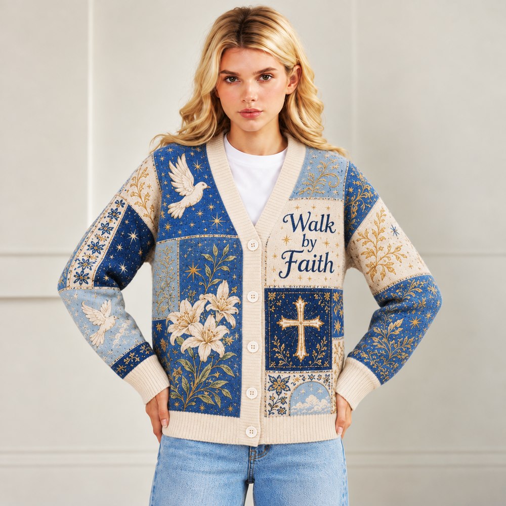 Walk by Faith Christian cardigan blue cream patchwork cross dove lily - view 8
