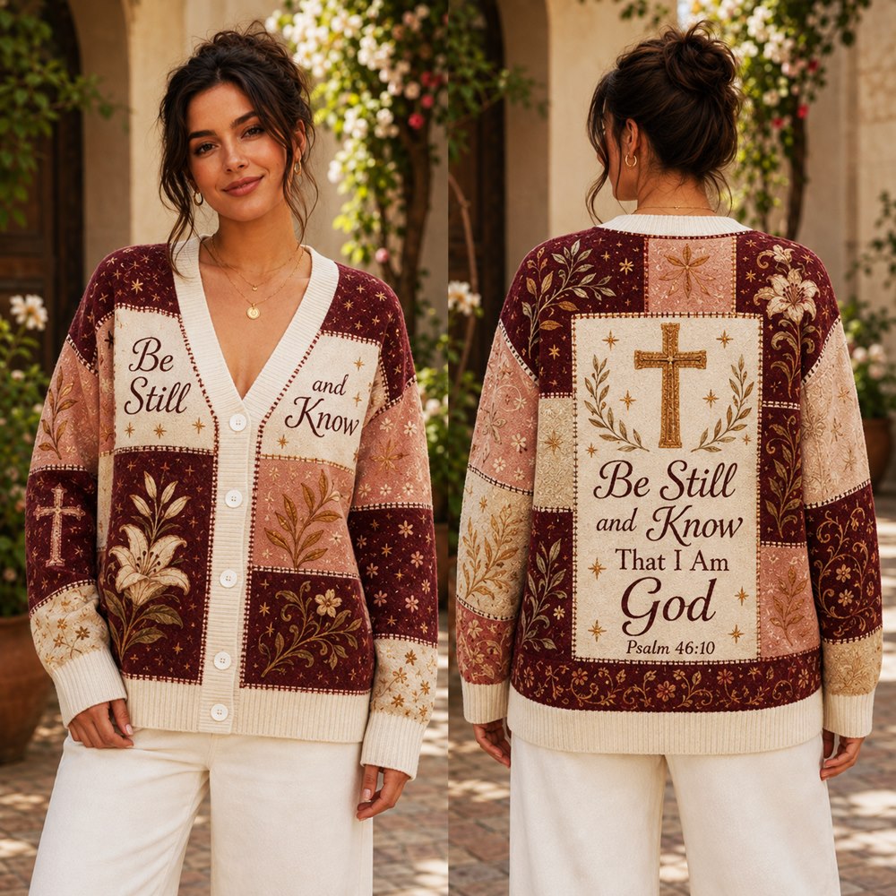 Be Still and Know Psalm 46:10 Christian cardigan burgundy blush lily patchwork - view 2