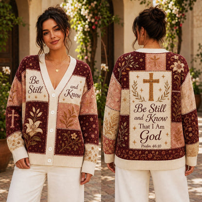 Be Still and Know Psalm 46:10 Christian cardigan burgundy blush lily patchwork - view 2