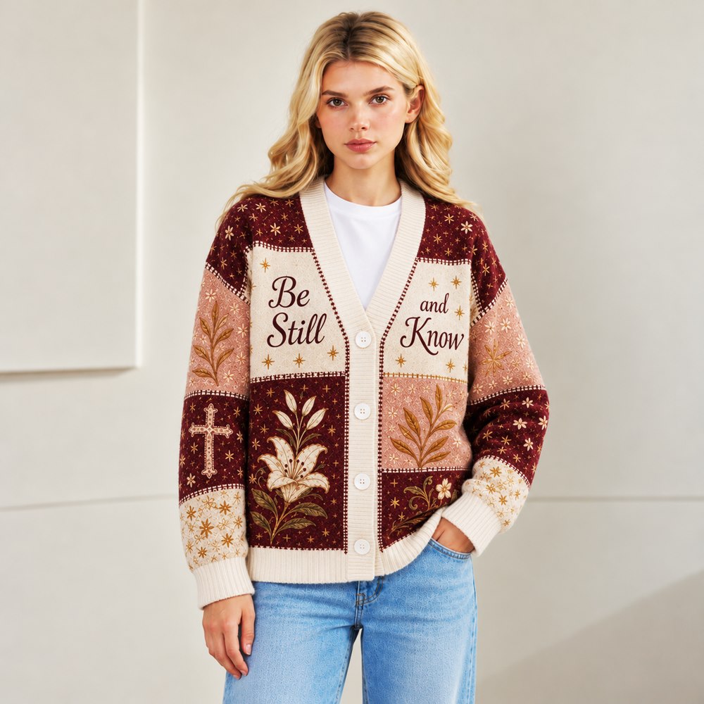 Be Still and Know Psalm 46:10 Christian cardigan burgundy blush lily patchwork - view 3