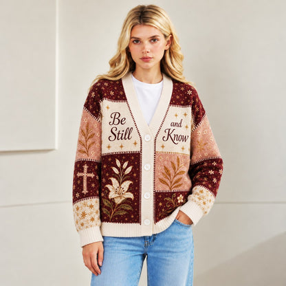 Be Still and Know Psalm 46:10 Christian cardigan burgundy blush lily patchwork - view 3