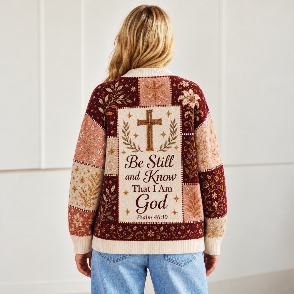 Be Still and Know Psalm 46:10 Christian cardigan burgundy blush lily patchwork - view 4