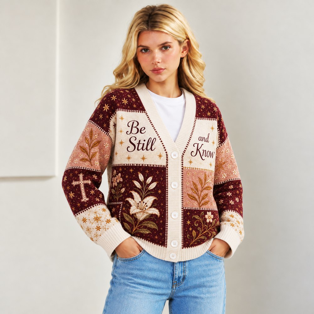 Be Still and Know Psalm 46:10 Christian cardigan burgundy blush lily patchwork - view 5