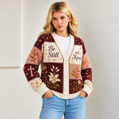 Be Still and Know Psalm 46:10 Christian cardigan burgundy blush lily patchwork - view 5