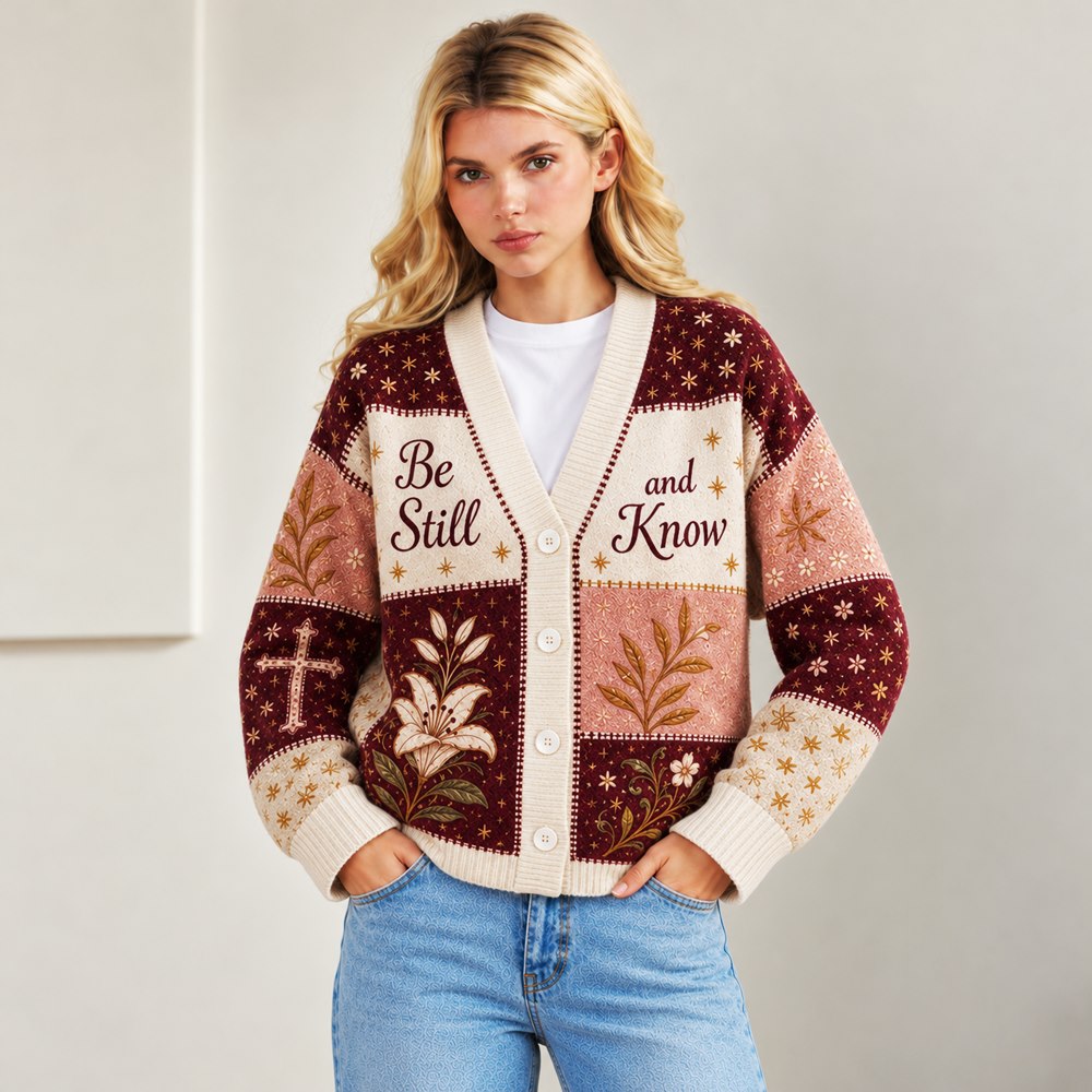 Be Still and Know Psalm 46:10 Christian cardigan burgundy blush lily patchwork - view 6