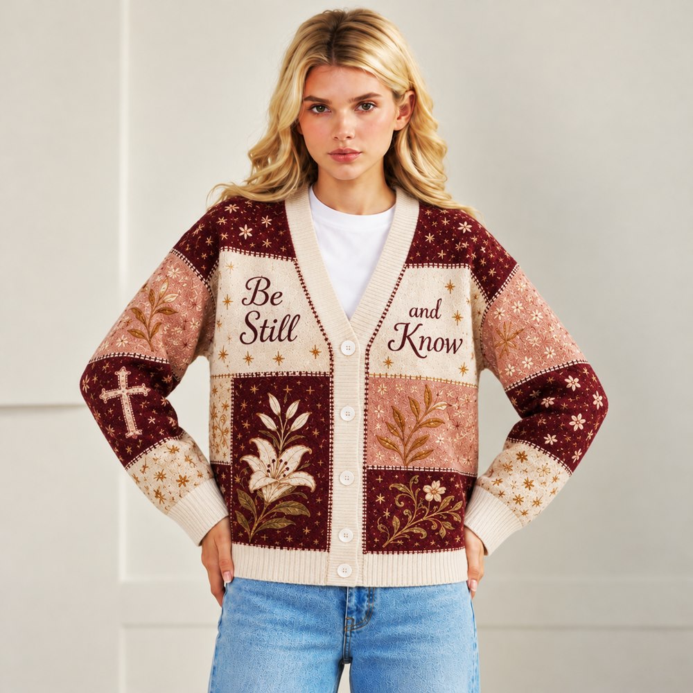 Be Still and Know Psalm 46:10 Christian cardigan burgundy blush lily patchwork - view 7