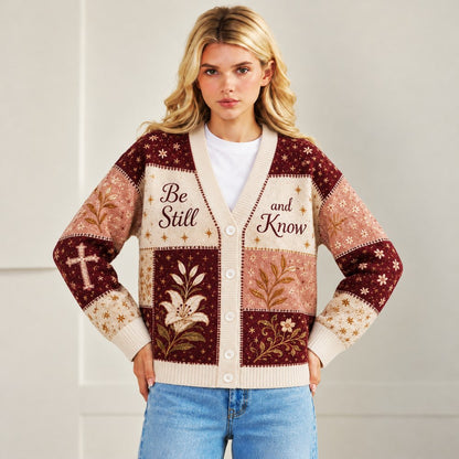 Be Still and Know Psalm 46:10 Christian cardigan burgundy blush lily patchwork - view 7