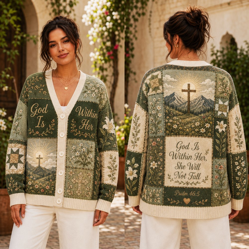 God Is Within Her She Will Not Fall Psalm 46:5 sage green Christian cardigan - view 2