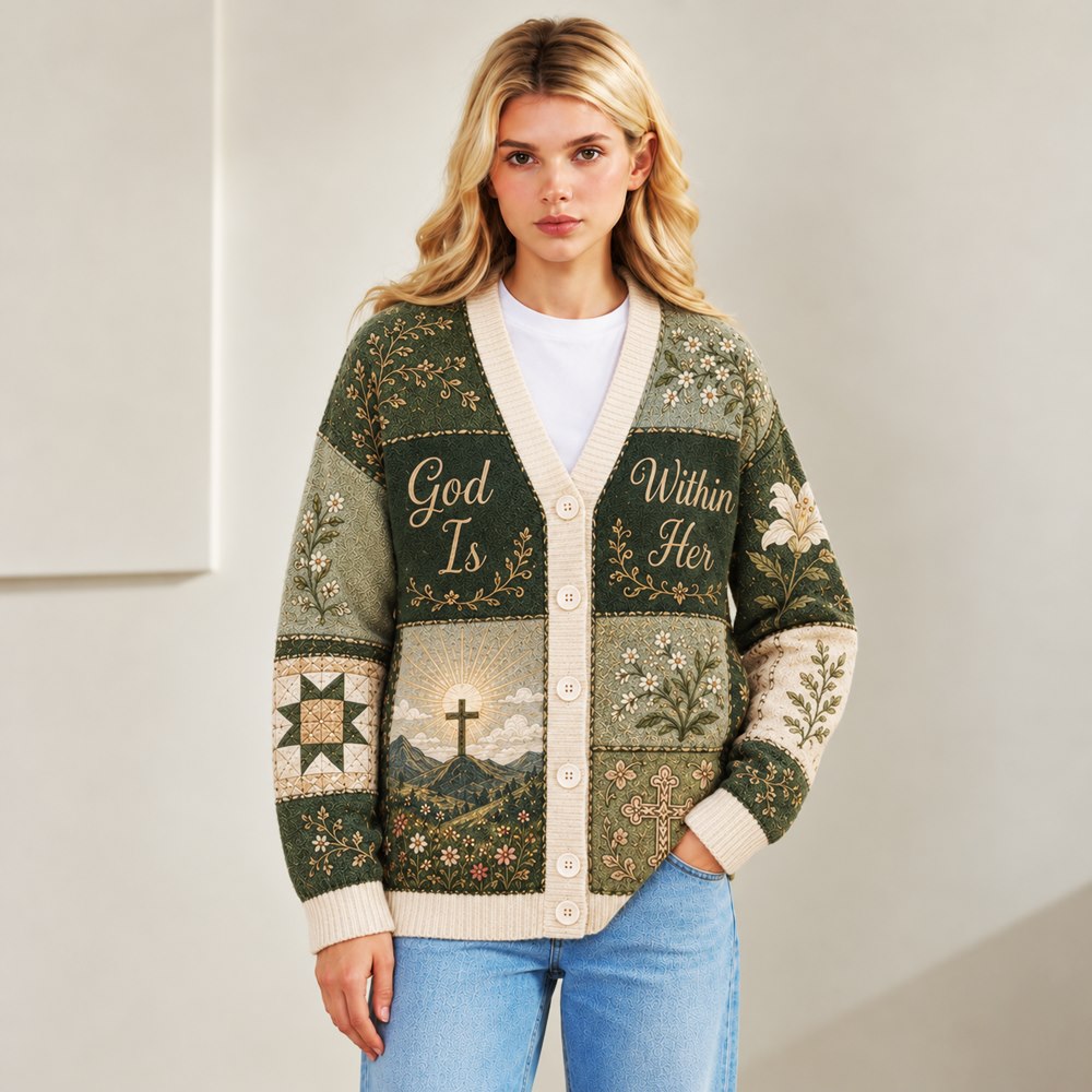 God Is Within Her She Will Not Fall Psalm 46:5 sage green Christian cardigan - view 3