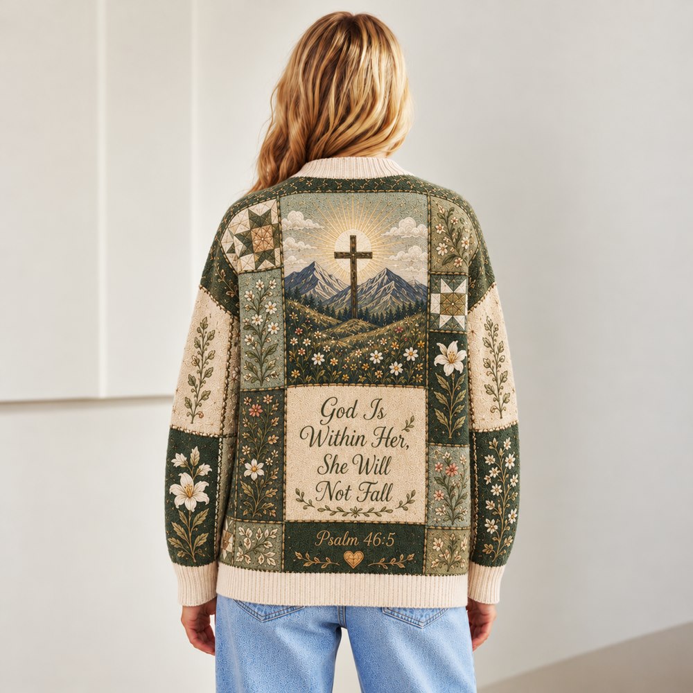 God Is Within Her She Will Not Fall Psalm 46:5 sage green Christian cardigan - view 4