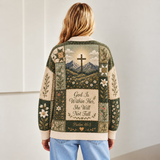God Is Within Her She Will Not Fall Psalm 46:5 sage green Christian cardigan - view 4