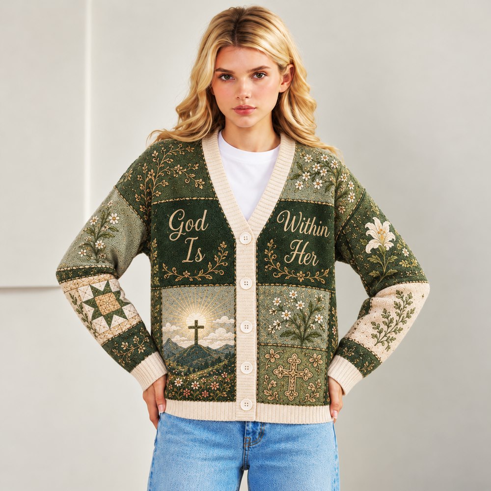 God Is Within Her She Will Not Fall Psalm 46:5 sage green Christian cardigan - view 7