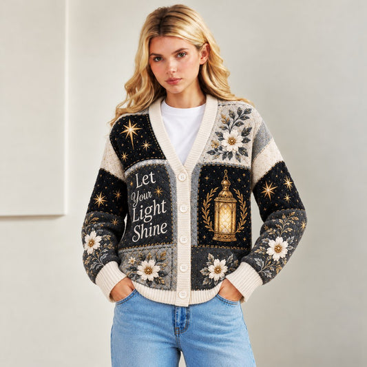 Let Your Light Shine Matthew 5:16 Christian cardigan black cream lantern cross - view 6