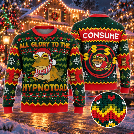 Funny Hypnotic Frog Santa Hat Red Green Knit Ugly Christmas Sweater - front and back view