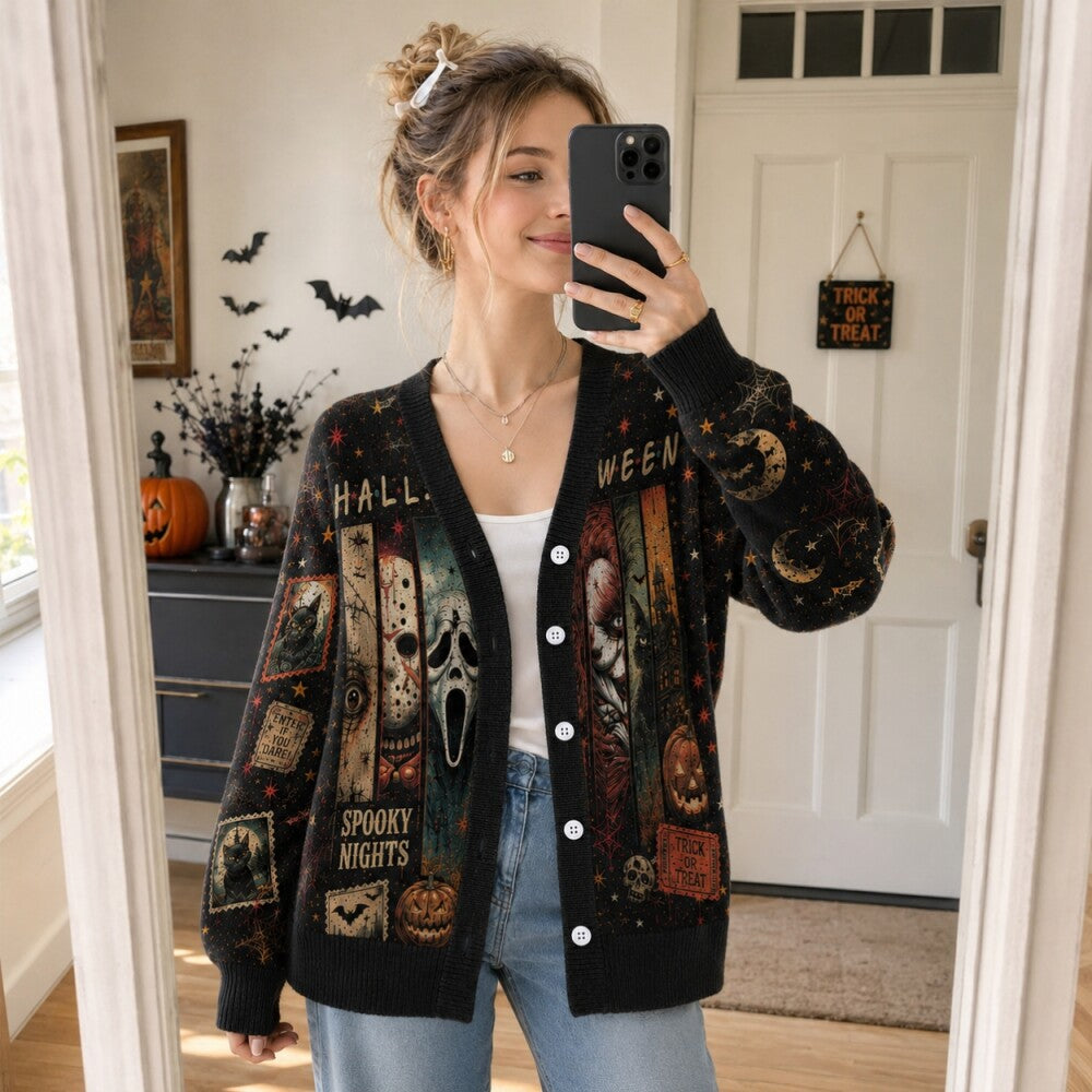 Horror Icons Halloween Cardigan, Classic Slasher Style Sweater, Haunted House Knit Cardigan, Horror Fan Gift