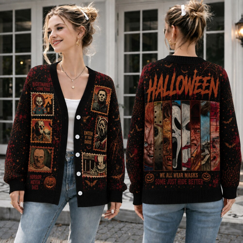 Horror Villains Halloween Cardigan, Creepy Mask Sweater, Nightmare Slasher Style Cardigan, Spooky Horror Gift