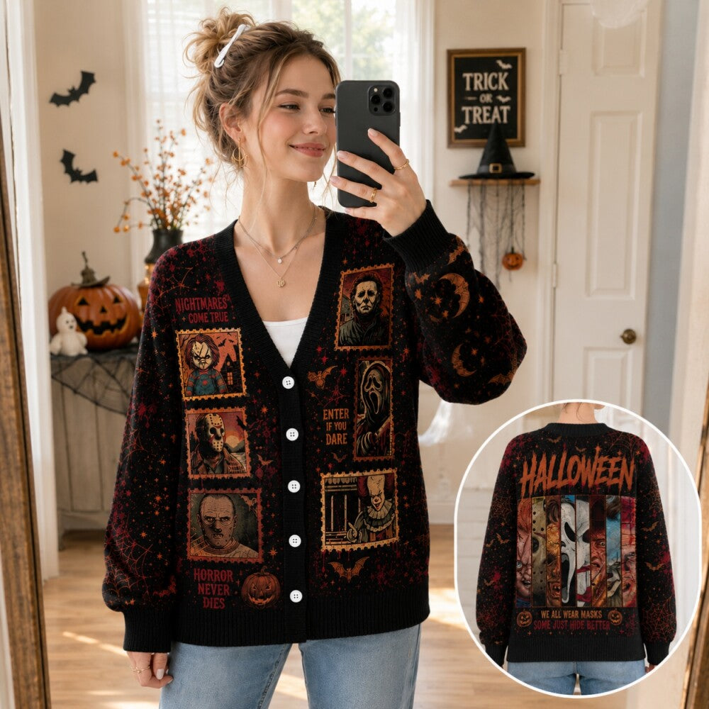 Horror Villains Halloween Cardigan, Creepy Mask Sweater, Nightmare Slasher Style Cardigan, Spooky Horror Gift