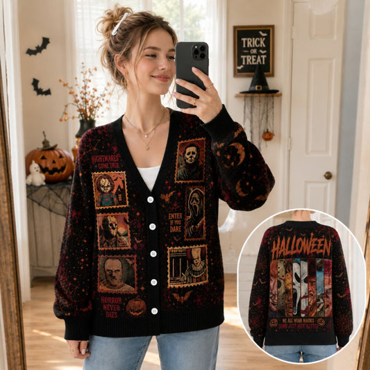 Halloween Cardigan - Horror Villains Creepy Mask Knit Sweater for Women