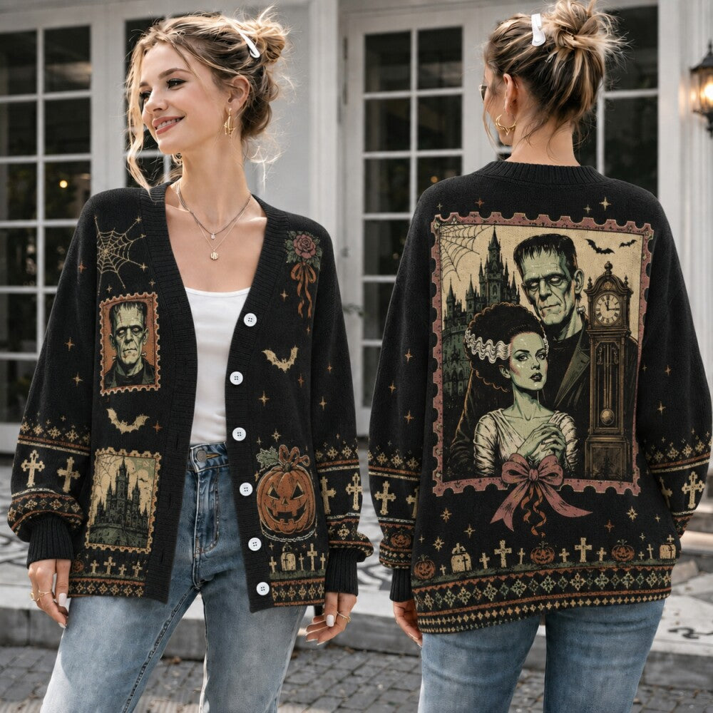 Gothic Monster Halloween Cardigan, Haunted Castle Sweater, Vintage Horror Knit Cardigan, Spooky Monster Gift