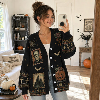 Gothic Monster Halloween Cardigan, Haunted Castle Sweater, Vintage Horror Knit Cardigan, Spooky Monster Gift