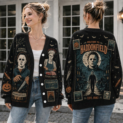 Slasher Horror Halloween Cardigan, Always Watching Sweater, Haunted House Knit Cardigan, Creepy Halloween Gift