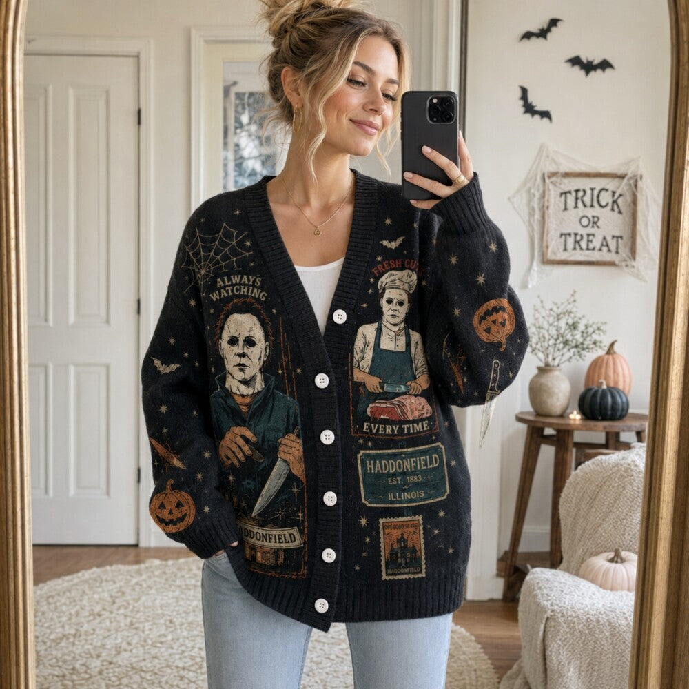 Slasher Horror Halloween Cardigan, Always Watching Sweater, Haunted House Knit Cardigan, Creepy Halloween Gift