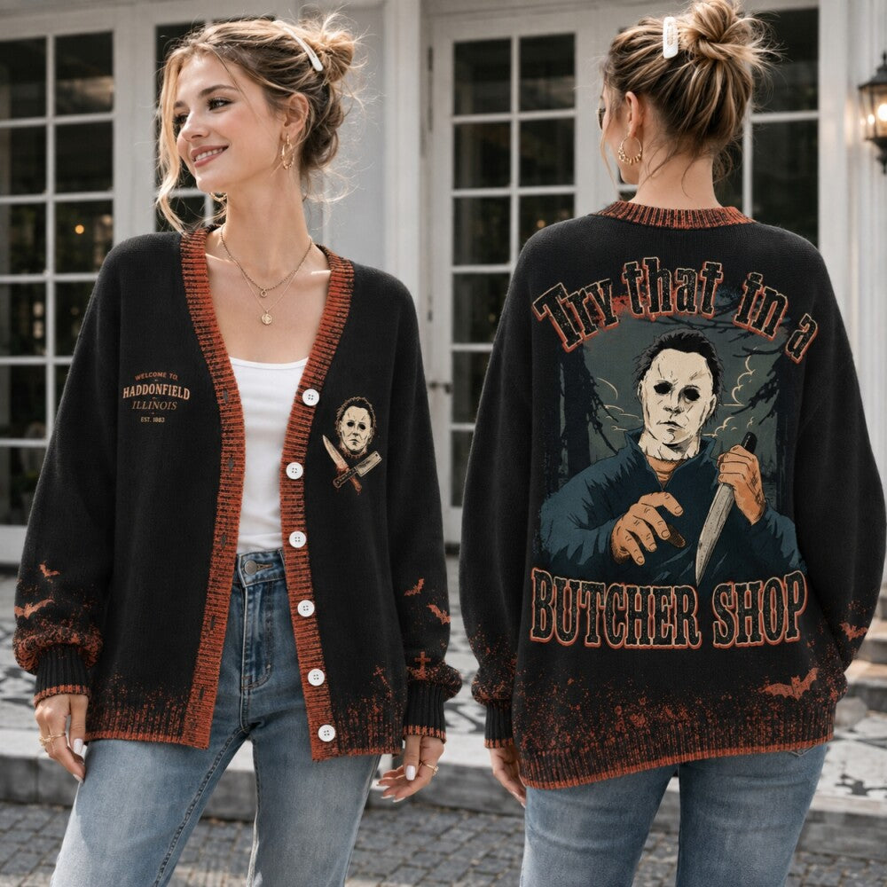 Butcher Shop Halloween Cardigan, Slasher Horror Sweater, Creepy Halloween Knit Jacket, Horror Lover Gift