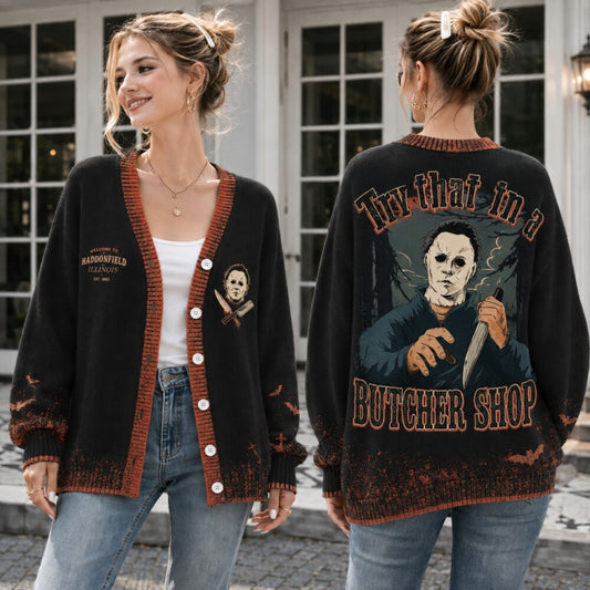 Halloween Cardigan - Butcher Shop Horror Knit Button Up Sweater for Women
