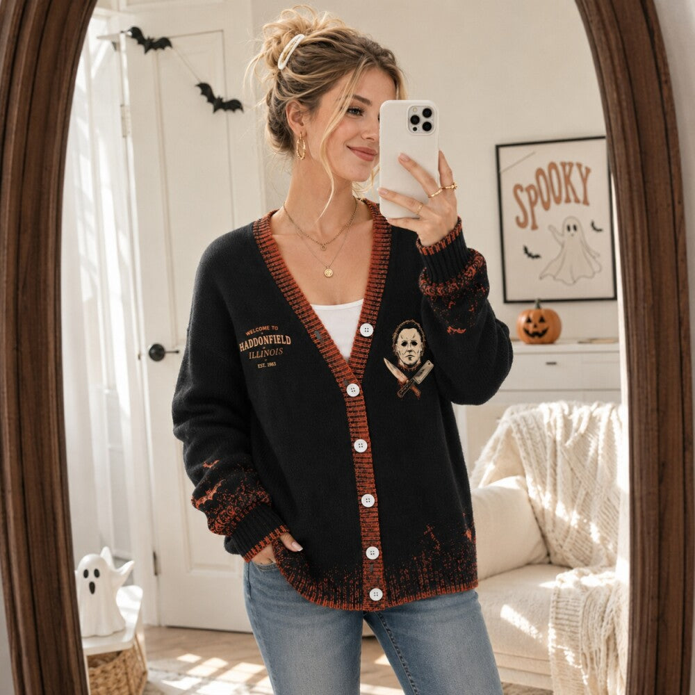 Butcher Shop Halloween Cardigan, Slasher Horror Sweater, Creepy Halloween Knit Jacket, Horror Lover Gift