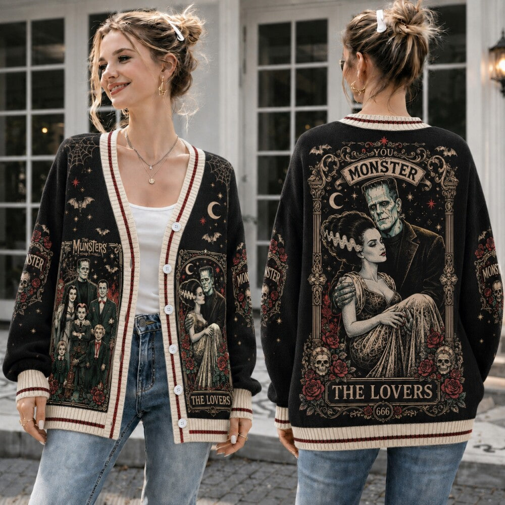 Gothic Monster Tarot Cardigan, The Lovers Halloween Sweater, Vintage Horror Cardigan, Classic Monster Gift