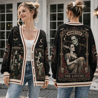 Gothic Monster Tarot Cardigan, The Lovers Halloween Sweater, Vintage Horror Cardigan, Classic Monster Gift
