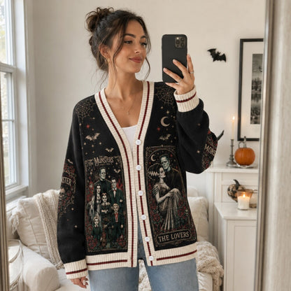 Gothic Monster Tarot Cardigan, The Lovers Halloween Sweater, Vintage Horror Cardigan, Classic Monster Gift