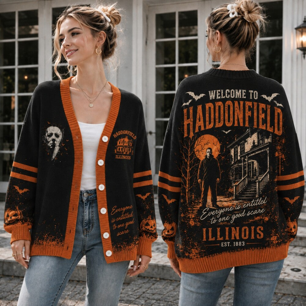 Haunted Town Halloween Cardigan, Slasher Horror Sweater, Creepy Haunted House Cardigan, Halloween Horror Gift