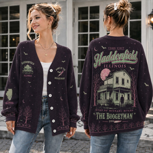 Halloween Cardigan - Haunted House Slasher Horror Knit Sweater for Women