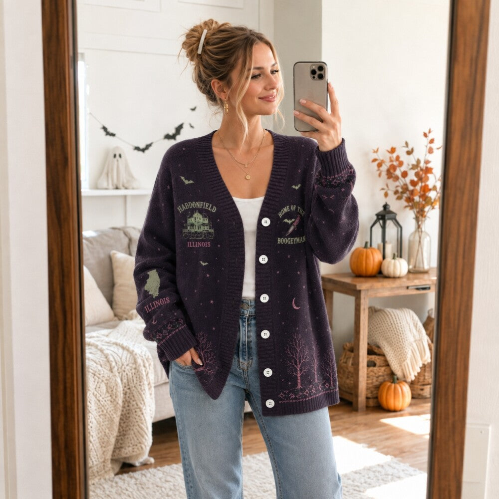 Boogeyman Halloween Cardigan, Slasher Horror Sweater, Haunted House Knit Jacket, Creepy Halloween Cardigan