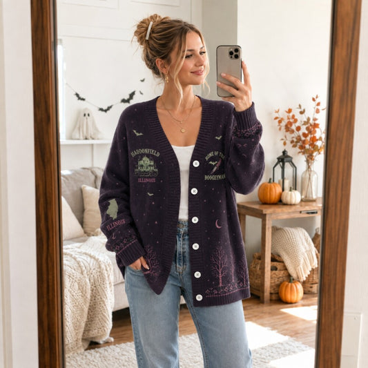 Halloween Cardigan - Haunted House Slasher Horror Knit Sweater for Women