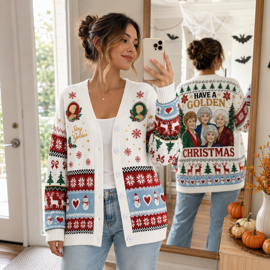 Retro Sitcom Ladies Christmas Knit Cardigan, Funny Holiday Sweater, Vintage TV Inspired Button Up Cardigan, Festive Winter Outfit