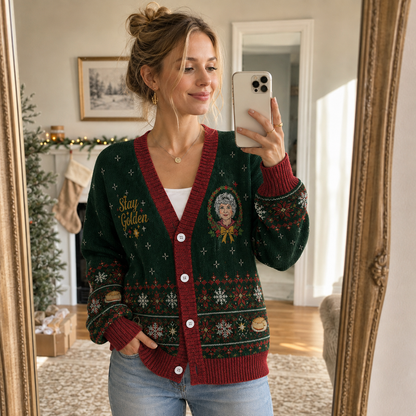 Retro Sitcom Ladies Christmas Cardigan, Vintage TV Inspired Holiday Knit Sweater, Funny Unisex Christmas Button Up Cardigan