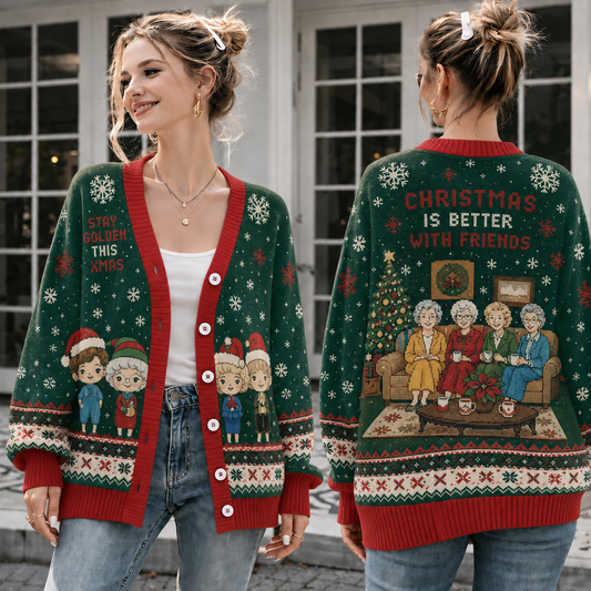 Retro Friends Christmas Cardigan, Vintage Holiday Knit Sweater, Festive Best Friend Button Cardigan, Christmas Gift for Her