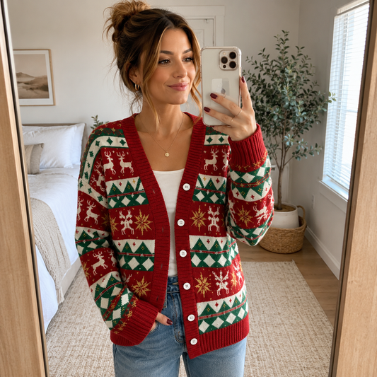 Retro Ladies Christmas Knit Cardigan, Vintage Holiday Button Up Sweater, Festive Reindeer Cardigan, Classic Christmas Winter Outfit