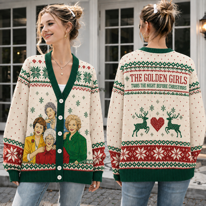 Retro Christmas Friends Knit Cardigan, Vintage Holiday Reindeer Sweater, Festive Snowflake Button Cardigan, Christmas Gift for Her