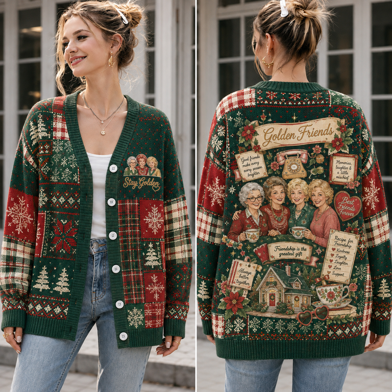 Retro Best Friends Christmas Knit Cardigan, Vintage Friendship Holiday Sweater, Festive Plaid Button Up Cardigan, Christmas Gift for Her