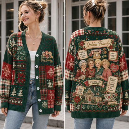 Retro Best Friends Christmas Knit Cardigan, Vintage Friendship Holiday Sweater, Festive Plaid Button Up Cardigan, Christmas Gift for Her