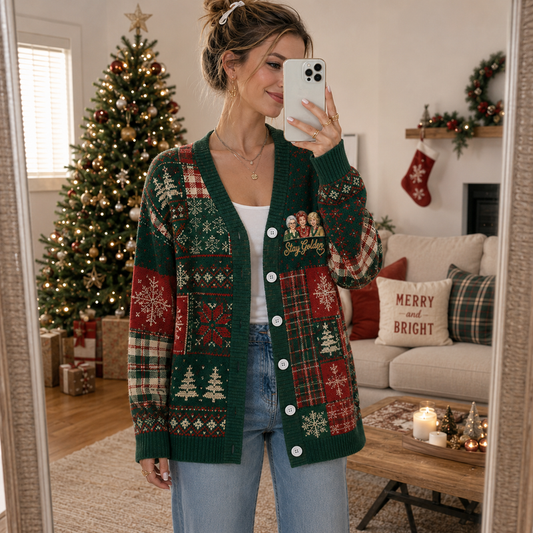 Retro Best Friends Christmas Knit Cardigan, Vintage Friendship Holiday Sweater, Festive Plaid Button Up Cardigan, Christmas Gift for Her