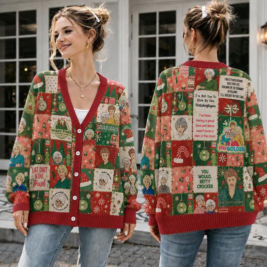 Retro Christmas Patchwork Cardigan, Vintage Holiday Knit Sweater, Festive Friendship Button Cardigan, Funny Christmas Gift for Her